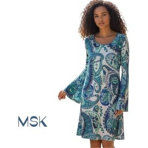 MSK Blue Green Paisley Long Sleeve A-Line Dress